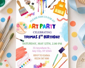 Può includere: Un biglietto d'invito rettangolare per una festa d'arte con schizzi di vernice colorata, pennelli, una tavolozza e un grembiule. Il testo recita: PLEASE JOIN US FOR AN ART PARTY CELEBRATING THOMAS 8TH BIRTHDAY, SATURDAY, MAY 12TH, 2.00 PM, 23 Anywhere St., Any City, ST 12345, RSVP TO EMMA 01234 567 890.