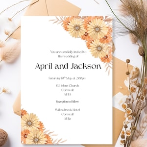 Fall wedding invitation,  Burnt orange wedding invite, downloadable template, instant download