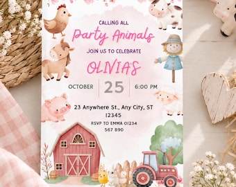 Editable farm birthday party invitation, Printable Barnyard birthday invite, Farm animals birthday evite, editable 5x7" Canva template