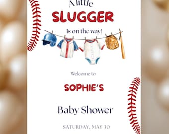Panneau de bienvenue imprimable de baby shower de baseball, modèle modifiable de panneau de bienvenue de baby shower de petit cogneur,