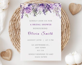 Lavender floral bridal shower invitation template, Editable printable floral bridal shower template invite, (PDF Download 5x7")