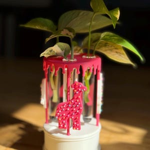 Può includere: Un portapiante decorativo con un design rosa a goccia. Il supporto presenta una base bianca e una parte superiore rosa con una piccola statuina di giraffa rosa ricoperta da piccoli punti rosa. Le piante verdi con foglie variegate sono collocate nel supporto.