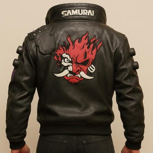 Mens Leather Sheepskin Bomber Jacket Samurai Cyberpunk 2077 Moto Streetwear Cosplay Embroidered Patch