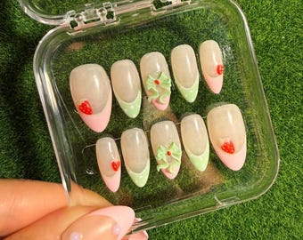 Strawberry Matcha Nails, Press Ons, Pink, Green, Strawberry