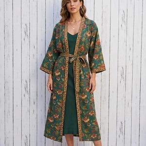 Emerald Green Indian Floral Kimono Robe, Botanical Duster, Boho Chic Resort Wear