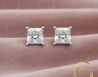 Princess Cut Moissanite Solitaire Stud Earrings, 14K White Gold Plated Sterling Silver