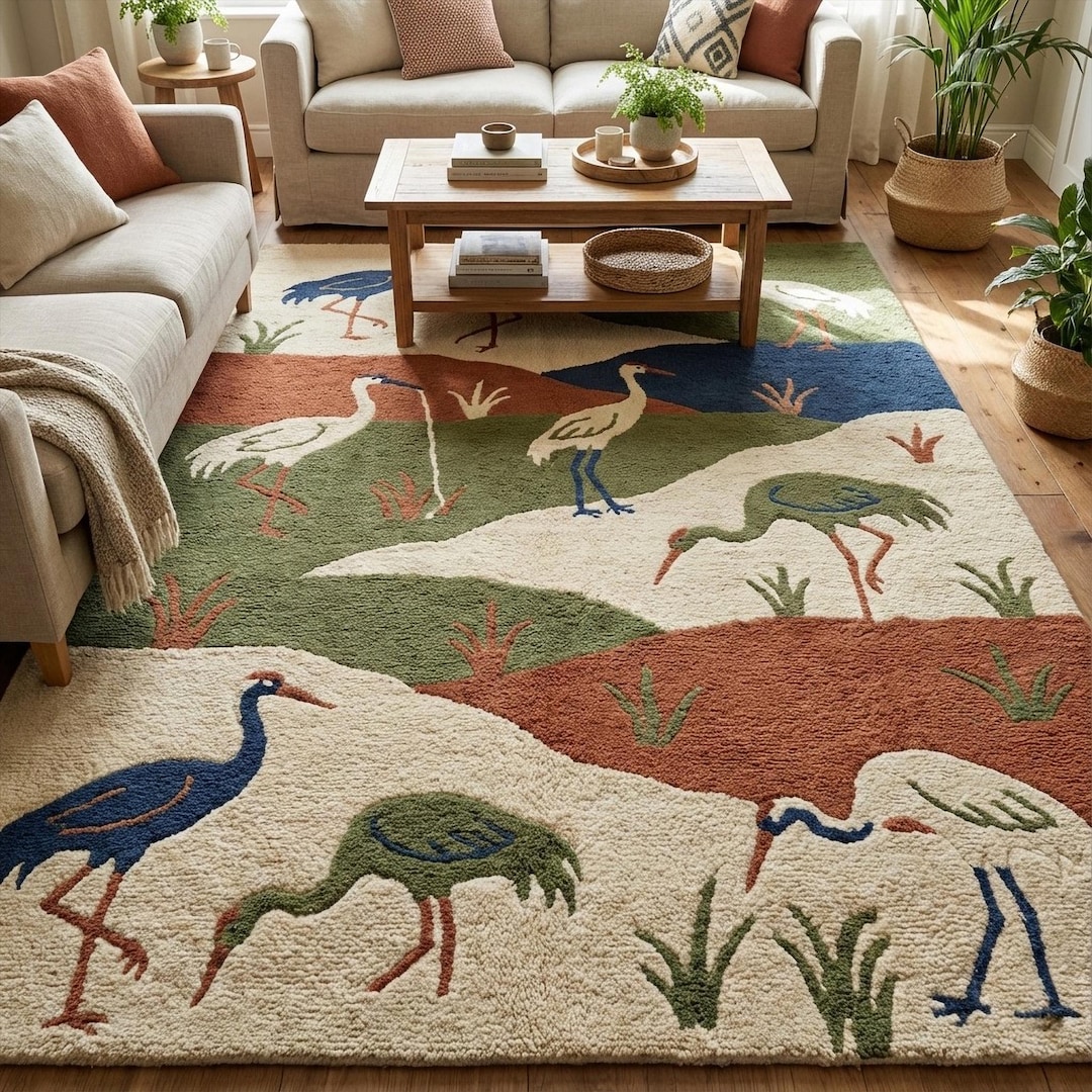Bright Bird Rug Off White Moss Green Bird Hand Tufted Wool Rug, Burnt Orange Blue ...
