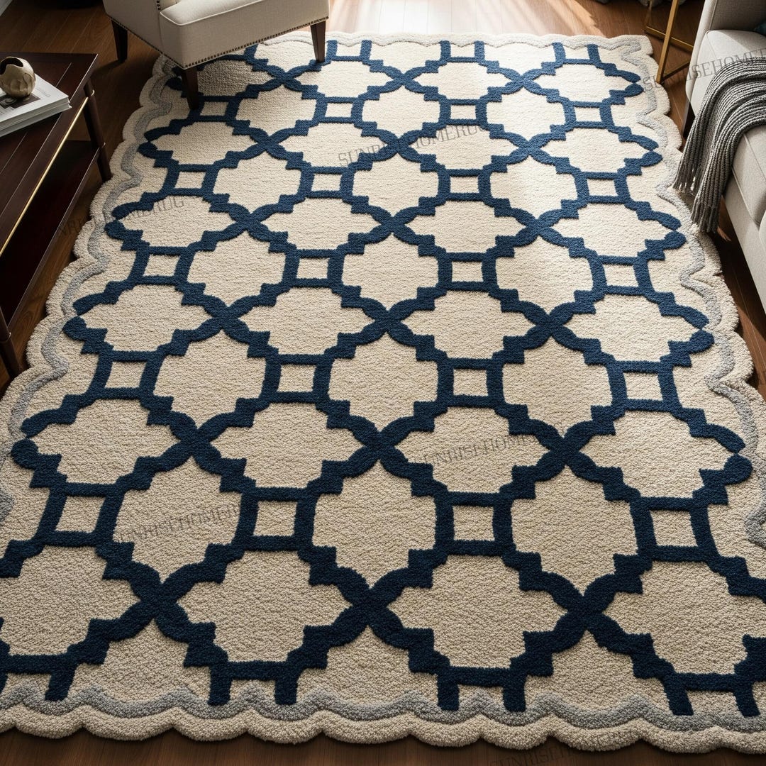 Off White Blue Hand Tufted Rug, Modern Geometric Scalloped Wool Area ...