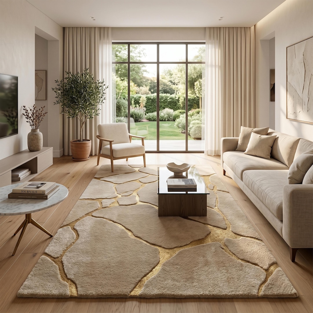 Stone Rug Design Stone Abstract Wool Rug, Hand Tufted Beige Gold Area Rugs - Etsy