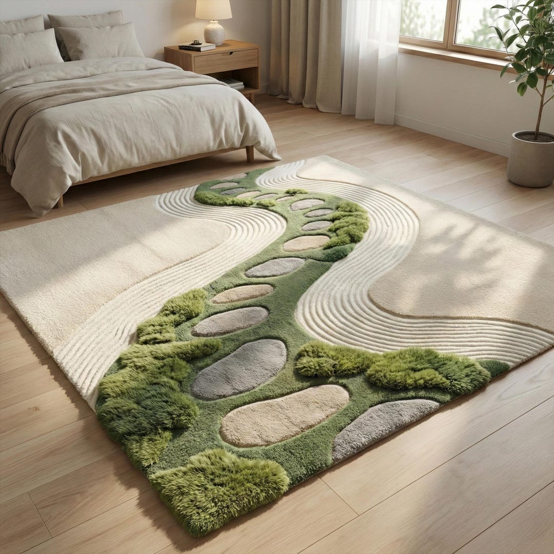 Moss Stone Path Wool Rug, Beige Hand Tufted Abstract Wavy Rugs - Etsy