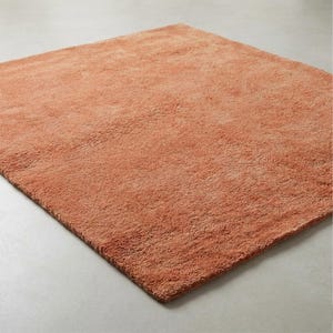 An angled, three-quarters high view of a solid terracotta-orange plush wool rug resting flat on a neutral polished concrete floor, focusing closely on its cozy texture, dense hand-tufted pile, and clean edges.