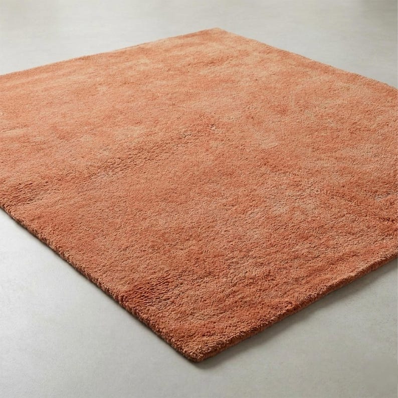 An angled, three-quarters high view of a solid terracotta-orange plush wool rug resting flat on a neutral polished concrete floor, focusing closely on its cozy texture, dense hand-tufted pile, and clean edges.