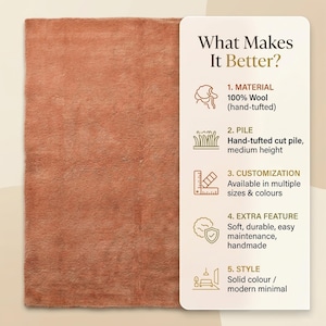 An informational product infographic titled "What Makes It Better?" overlaying a plush terracotta area rug. The graphic highlights key features for buyers: 100% hand-tufted wool, medium-height cut pile, customization in multiple sizes and colors, soft and durable easy maintenance, and a modern minimal style.