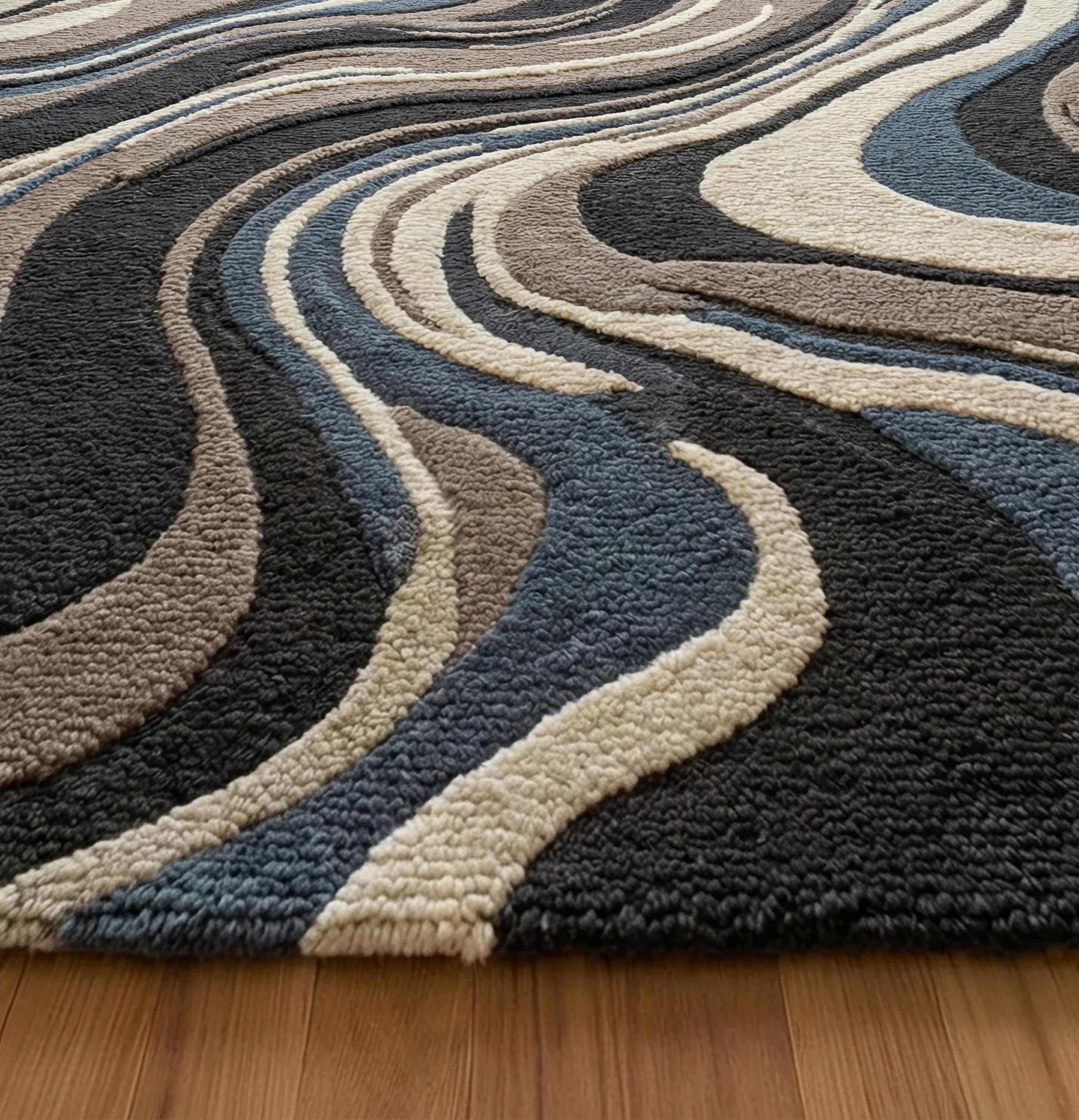 Beige Blue Abstract Wool Rug, Hand Tufted Wavy Area Rugs for Living ...