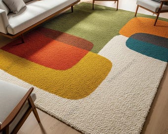 Multicolor Hand Tufted Abstract Wool Rug, Modern Geometric Indoor Handmade Rug