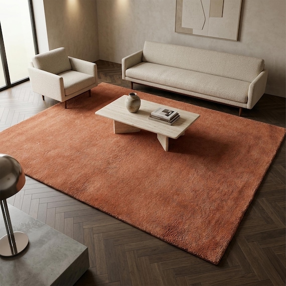 Terracotta Wool Rug 8x10, Hand Tufted Solid Area Living Room Rug