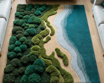 May include: A rectangular area rug with a landscape design. The rug features a forest, beach, and ocean scene. The forest is depicted with various shades of green, the beach is tan, and the ocean is blue. The rug is made of a soft, plush material.