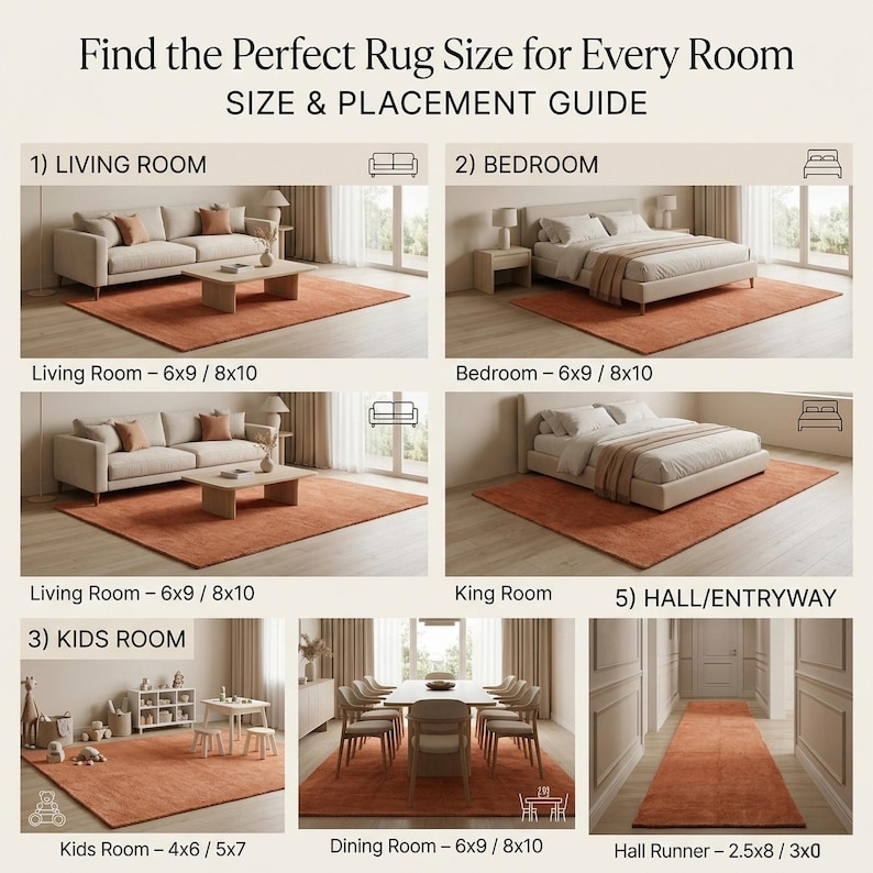 An informational rug size and placement guide chart titled "Find the Perfect Rug Size for Every Room," showing illustrated layouts for the living room, bedroom, kids' room, dining room, and hallway with the terracotta rug.