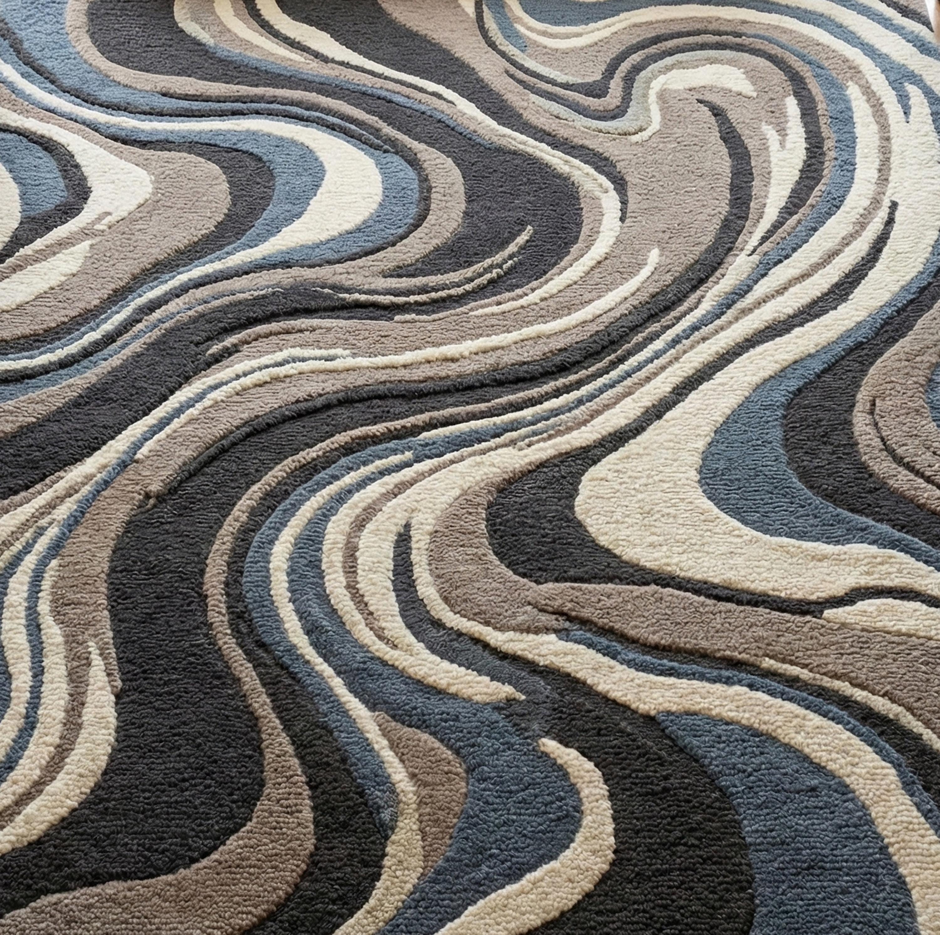 Beige Blue Abstract Wool Rug, Hand Tufted Wavy Area Rugs for Living ...