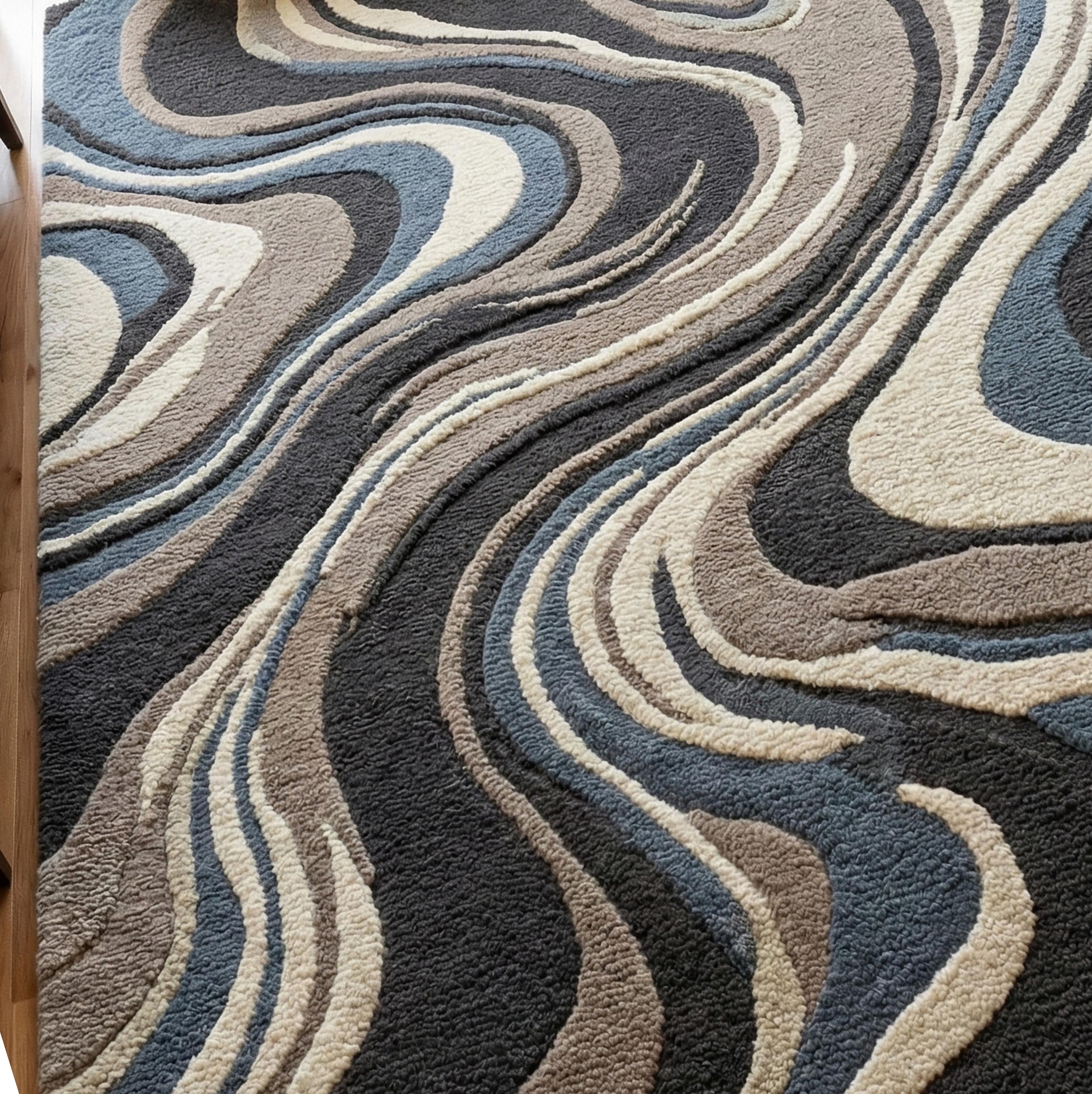Beige Blue Abstract Wool Rug, Hand Tufted Wavy Area Rugs for Living ...