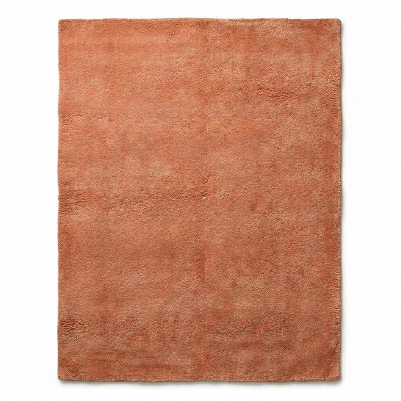 A direct, overhead flat-lay view of a rectangular, solid terracotta-colored plush area rug against a clean white background, showcasing its soft texture and uniform color.