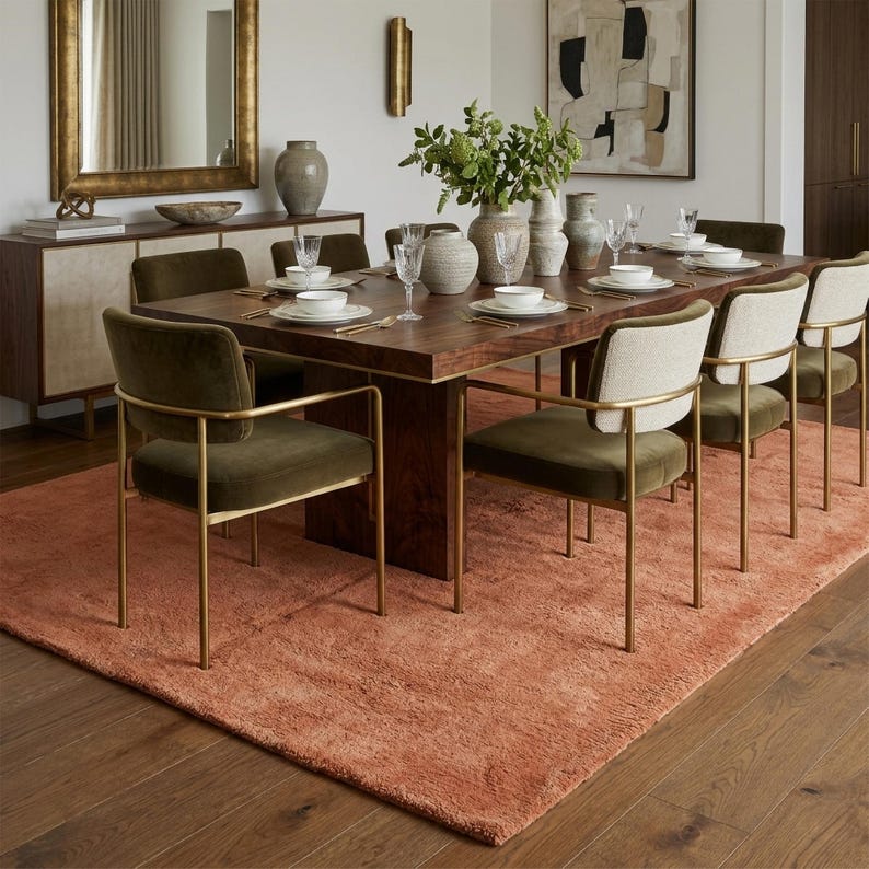 A wide-angle lifestyle view of a large terracotta-colored plush rug layered underneath a long, dark wood dining table set for eight, surrounded by elegant olive green velvet dining chairs in a modern dining room.