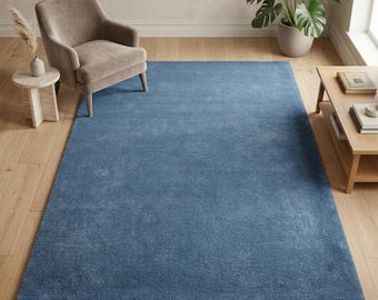Denim Blue Solid Wool Rug, Hand Tufted Minimalist Custom Area Living Room Rug