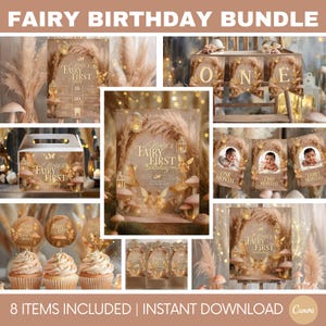 Puede incluir: Un conjunto de cumpleaños con temática de hadas con varios artículos. Incluye una pancarta que deletrea "ONE", adornos para cupcakes, una caja para pasteles y letreros con el texto "Olivia's Fairy First Birthday". La combinación de colores es beige y dorado.