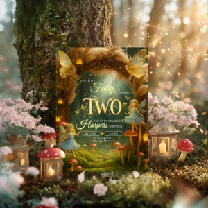 Pode incluir: Um convite caprichoso para uma festa de segundo aniversário com tema de fadas. O design apresenta um cartão central com o texto "Our Little Fairy is Turning Two" e "Join us to celebrate Harpers Birthday". O convite é cercado por elementos de conto de fadas.