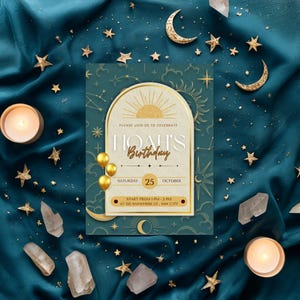 Celestial Birthday Invitation | Boho Moon & Stars Party Invite | Editable Canva Template | Spiritual Cosmic Printable