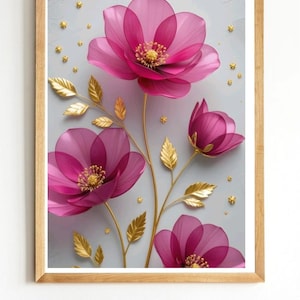 Può includere: Una stampa d'arte incorniciata raffigurante tre fiori magenta traslucidi con centri gialli e steli e foglie in oro metallizzato. La composizione include punti dorati sparsi su uno sfondo grigio chiaro. Il testo lab digital designer è visibile.