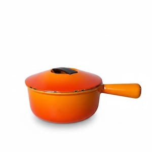 Panela de ferro fundido vintage Cousances # 18 | Chama Laranja | Pré-Le Creuset | Panelas Esmaltadas França | Década de 1960 1970