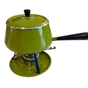 Vintage 1970s Avocado Green Enamel Fondue Set | Retro Mid Century Modern Fondue Pot Stand Burner Set Tapas Tableware