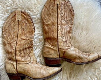 Vintage 1980s Boulet Marbled Tan Leather Cowboy Boots | Men’s 8 / Women’s 9 | Made in Canada Western Wear