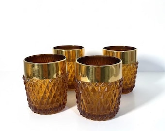 Szklanki z bursztynem i diamentem Indiana Glass z 24-karatowym złotym rantem – zestaw 4 sztuk, szkło vintage z połowy XX wieku, retro akcesoria barmańskie
