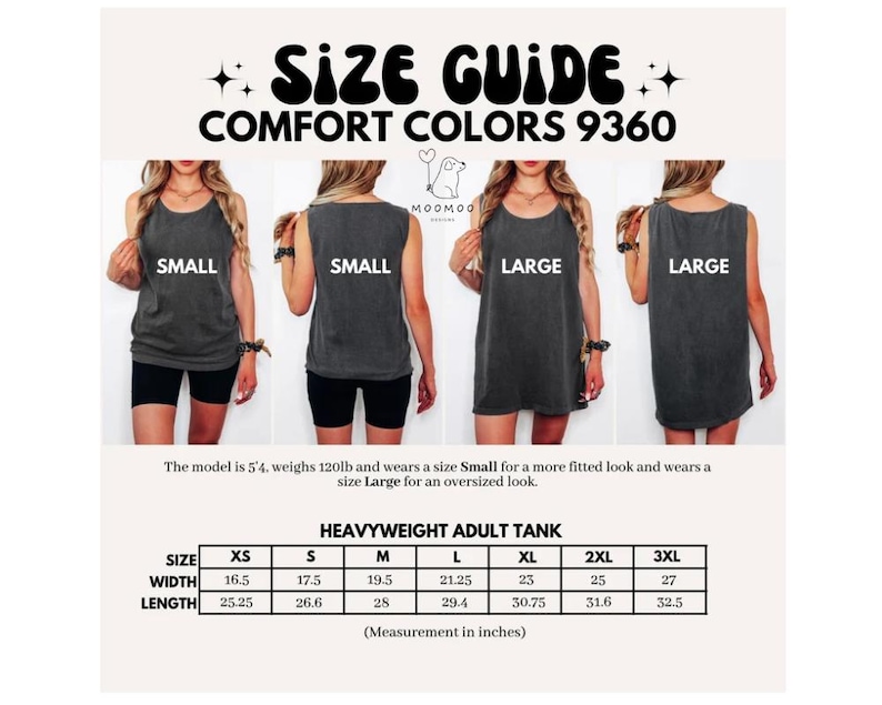 May include: Size guide for a heavyweight adult tank top. The guide includes measurements in inches for sizes XS to 3XL. The image shows a model wearing the tank top in different sizes. The text on the image reads "COMFORT COLORS 9360".