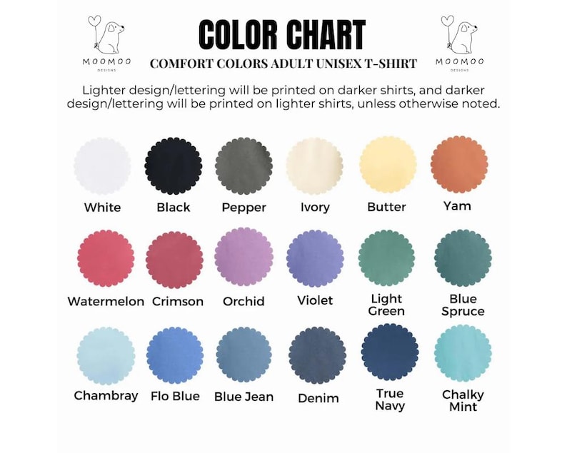 May include: Color chart for Comfort Colors adult unisex t-shirts. The chart displays a variety of colors, including white, black, pepper, ivory, butter, yam, watermelon, crimson, orchid, violet, light green, blue spruce, chambray, flo blue, blue jean, denim, true navy, and chalky mint.
