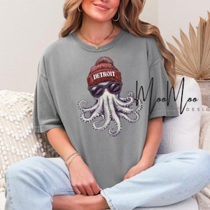 Detroit Hockey Mascot COMFORT COLOR Tee, Detroit Michigan Hockey, Youth Unisex Tee, Detroit Fan Gear, Detroit Octopus Tee, Hockey Mascot Tee