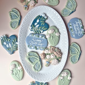 Rustic Green and Blue Birthday Cookies | Floral Sugar Cookies for Adults | Elegant Birthday Party Favors, Milestone Celebration Cookies
