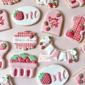 Berry First Birthday Sugar Cookies – Custom Strawberry Themed Party Favors, 1st Birthday Decorated Cookies, Girl First Birthday Treats
