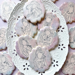 Disney Princess Cookies | Hand-Drawn Silhouette Sugar Cookies with Watercolor | Birthday Party, Baby Shower, Bridal Shower Favors