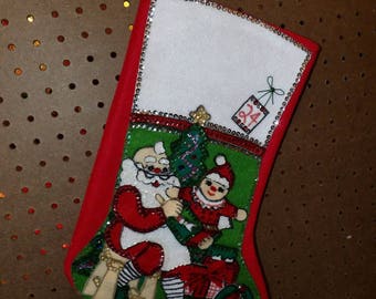 Handmade Santa in his weorkshop felt & secquin Christmas stocking - fsk38