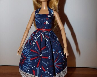 Fourth of July fireworks print halter top sundress with lace trim for Fashion Dolls - ed1542