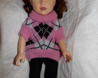 Upcycled pink & black knit argyle sweater and black leggings for 18 inch dolls - ag299