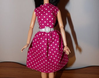 Handmade bright pink dress with white dots & faux pearl belt buckle for Fashion Dolls - ed1344