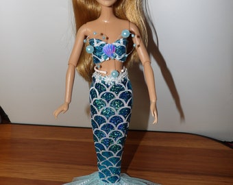 Fancy blue & white metallic scale print Mermaid tail with Chiffon fin and strapless bra top for Fashion Dolls - ed1986