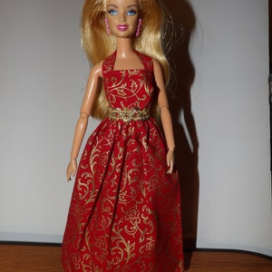 Elegant red formal dress with gold metallic scroll print & halter top for Fashion Dolls ed1853 image 1