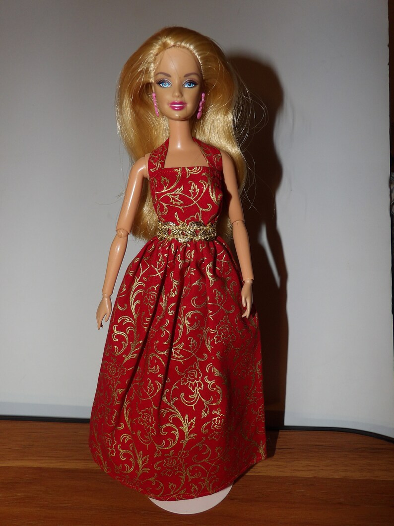 Elegant red formal dress with gold metallic scroll print & halter top for Fashion Dolls ed1853 image 1
