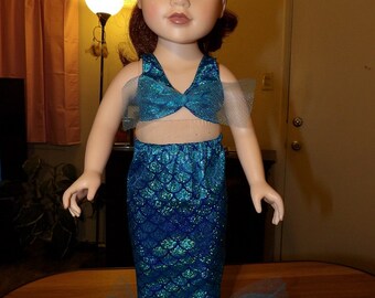 Pretty bright blue fish scale print Mermaild tail and top costume for 18 inch dolls - ag342