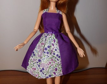 Pretty halter top sundress with  purple floral & solid purple panel skirt for Fashion Dolls  -  ed1570